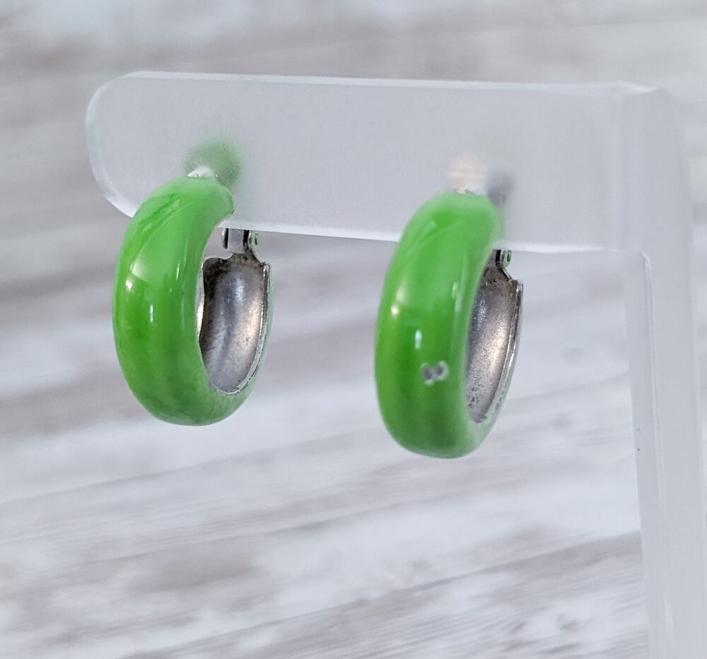 Vintage Clip On Earrings Chunky Bright Green Retro Hoops - Some Paint Chipping